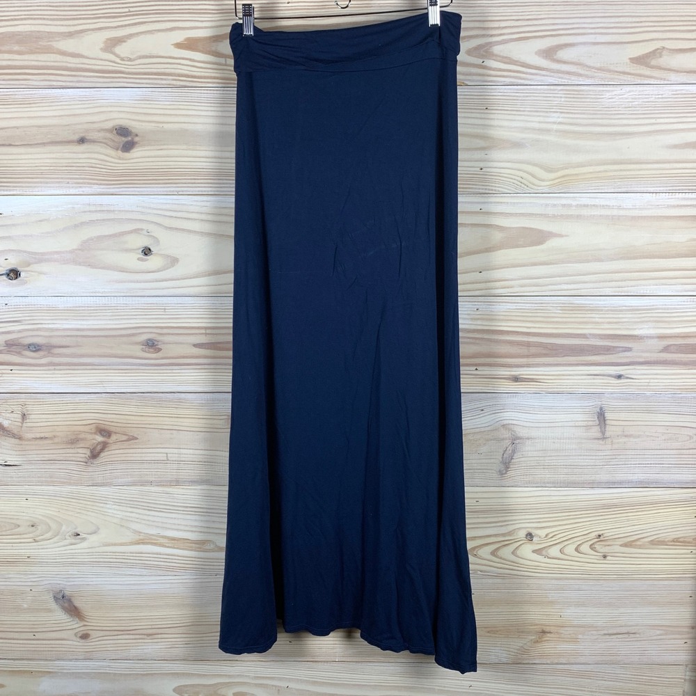 Promesa Maxi Skirt Women L Navy Blue Fold Over Waist Jersey Knit Casual Basic